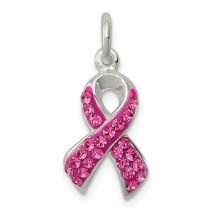 925 Sterling Silver Pink Crystals Cancer Awareness Ribbon Necklace Charm Pendant